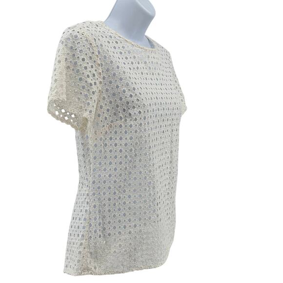 Michael Kors Blouse WMNS S White Short Sleeve Eyelet Back Zip Sheer Breathable - Picture 2 of 6